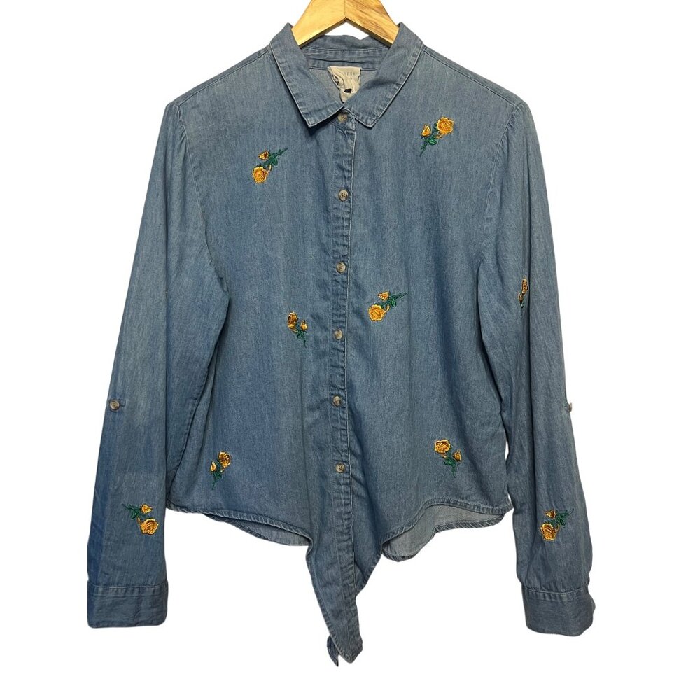 VTG Harper Heritage Women XL Denim Shirt Yellow Rose Embroidery Asymmetrical Hem